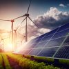 The generation of sustainable green energy using solar energy panel photovoltaic cells and wind turbine farms is a friendly enterprise. Concept of clean, sustainable development.